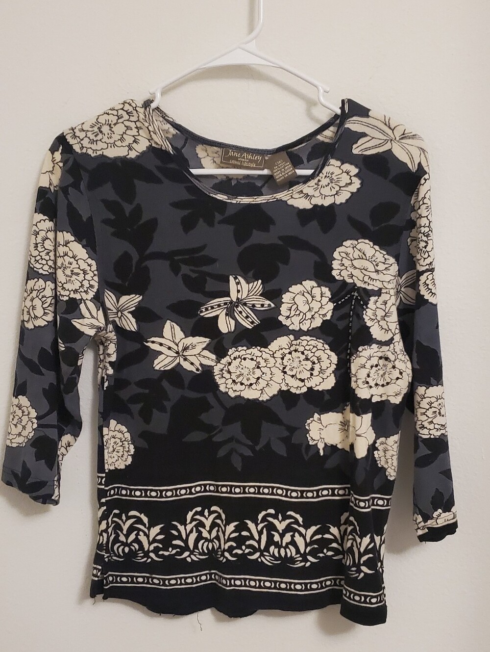 Vintage 90s Y2K Jane Ashley Black and Cream Floral Beaded 3/4 Sleeve Top Size 1X